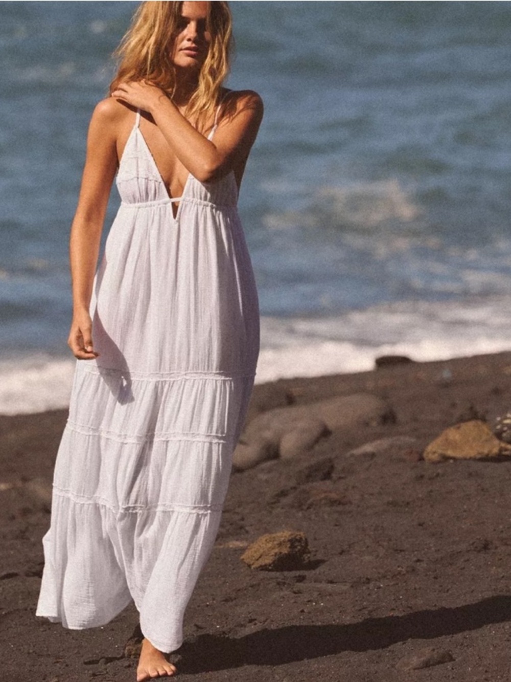 ZARA White Embroidered Gauze Midi Dress XS Boho Tiered Beach